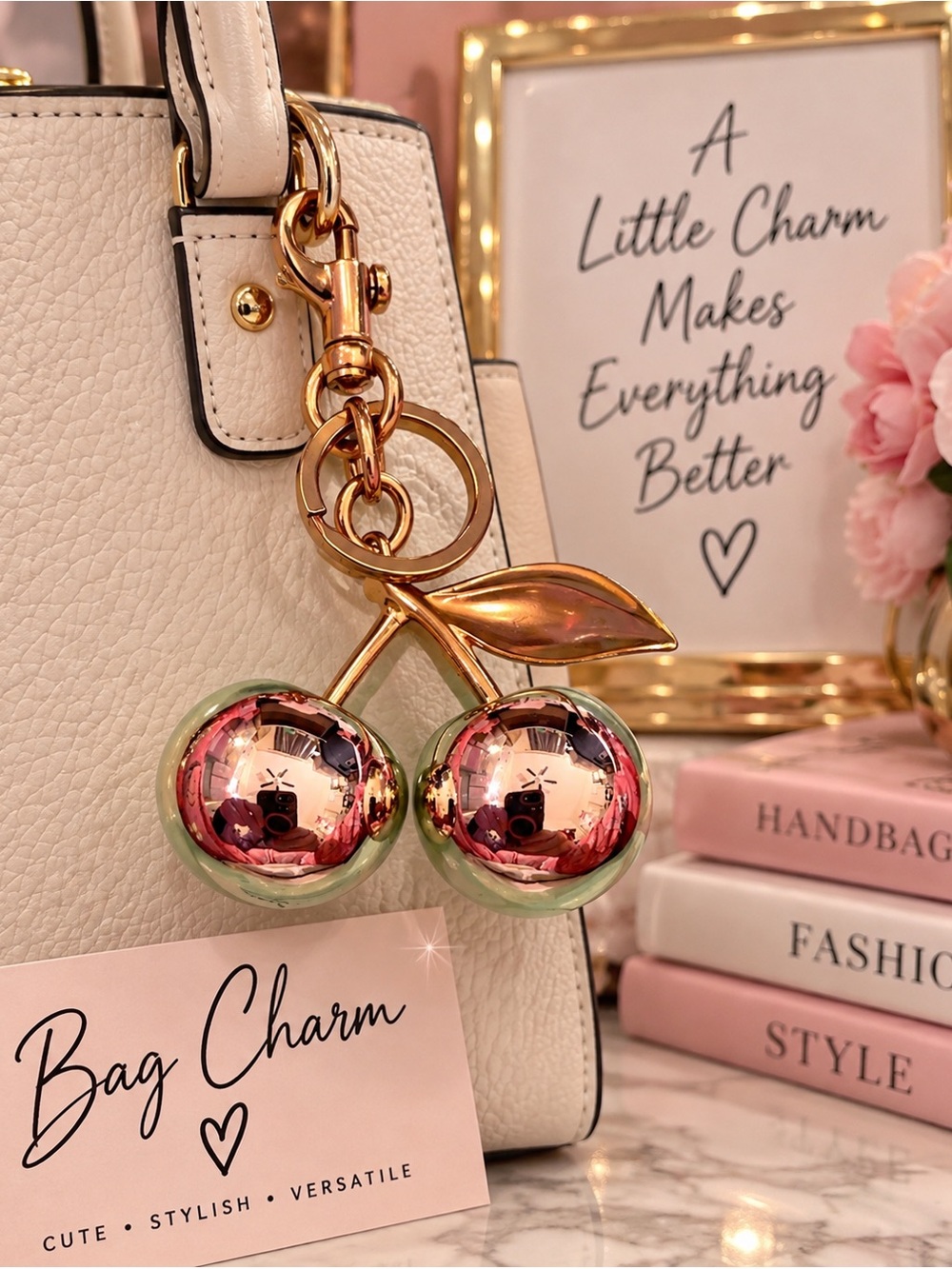 Gold Cherry Bag Charm Key Ring with Pink and Green Accents